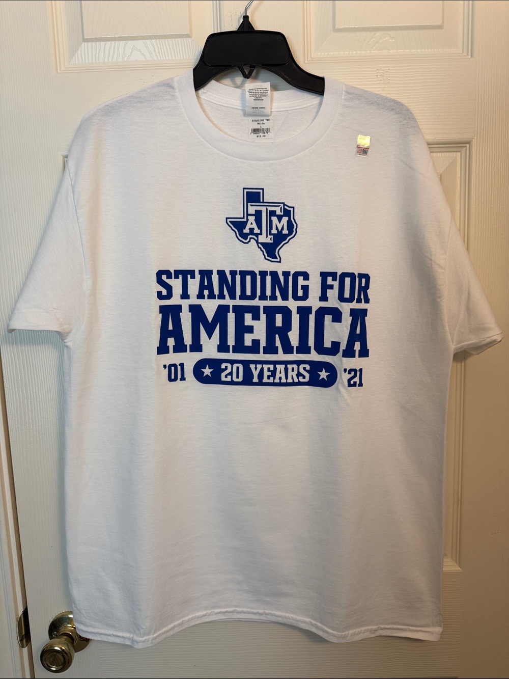White Short Sleeve Tee with Blue Texas A&M 'Standing for America' Graphic